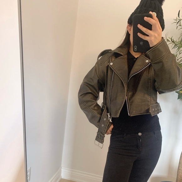 ZARA Cropped PU Leather Biker Jacket Brown Olive | Size S | NWOT - Picture 4 of 11